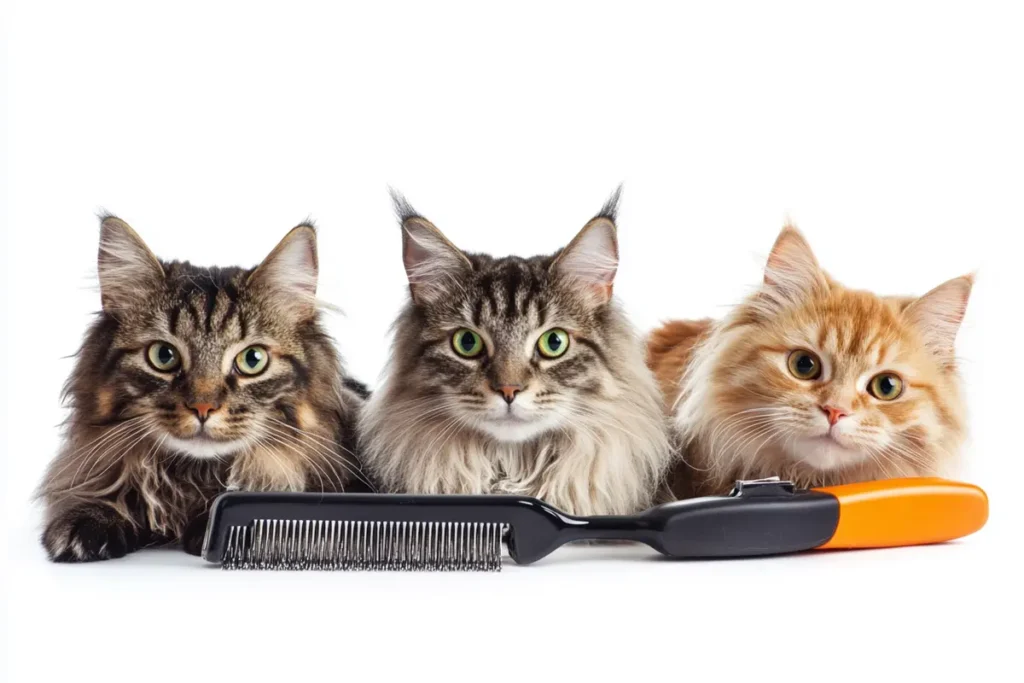 Cat grooming session with brush, clippers, and cat.
