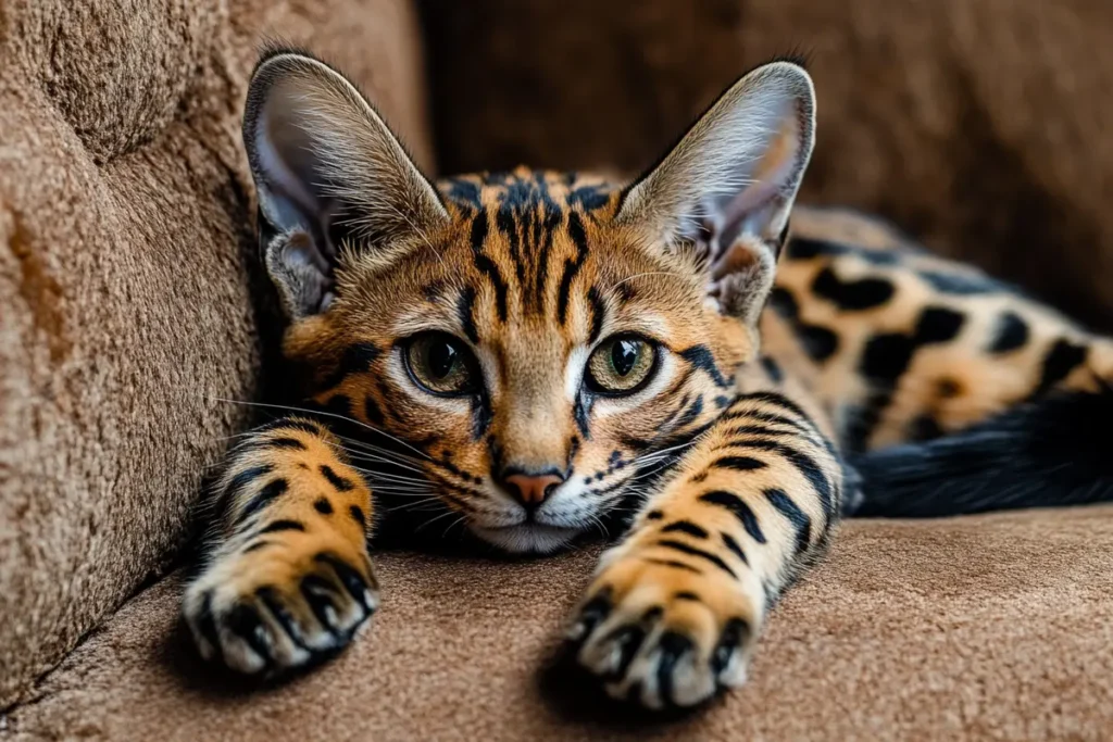 Rare Cat Breeds: A beautiful Savannah cat with a spotted coat.