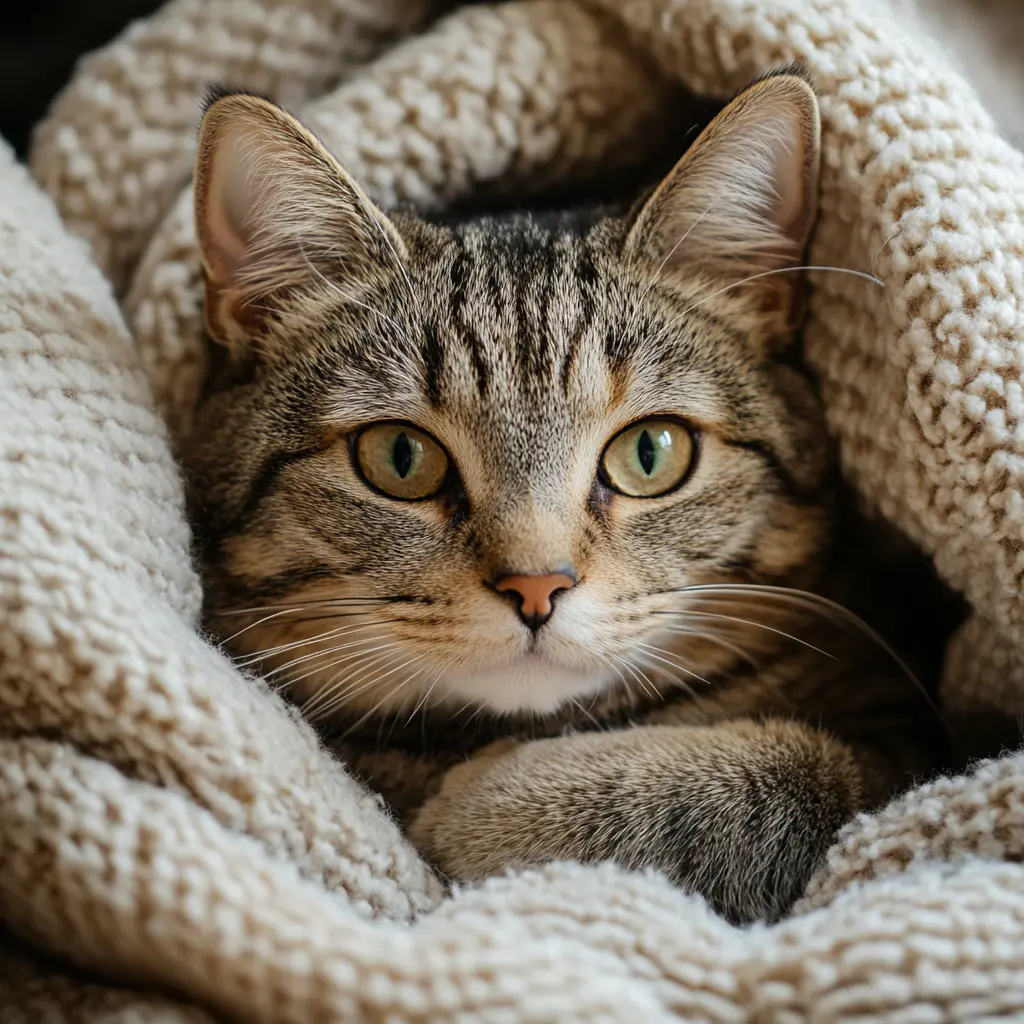 Understanding Cat Behavior: A relaxed cat curled up on a soft blanket.